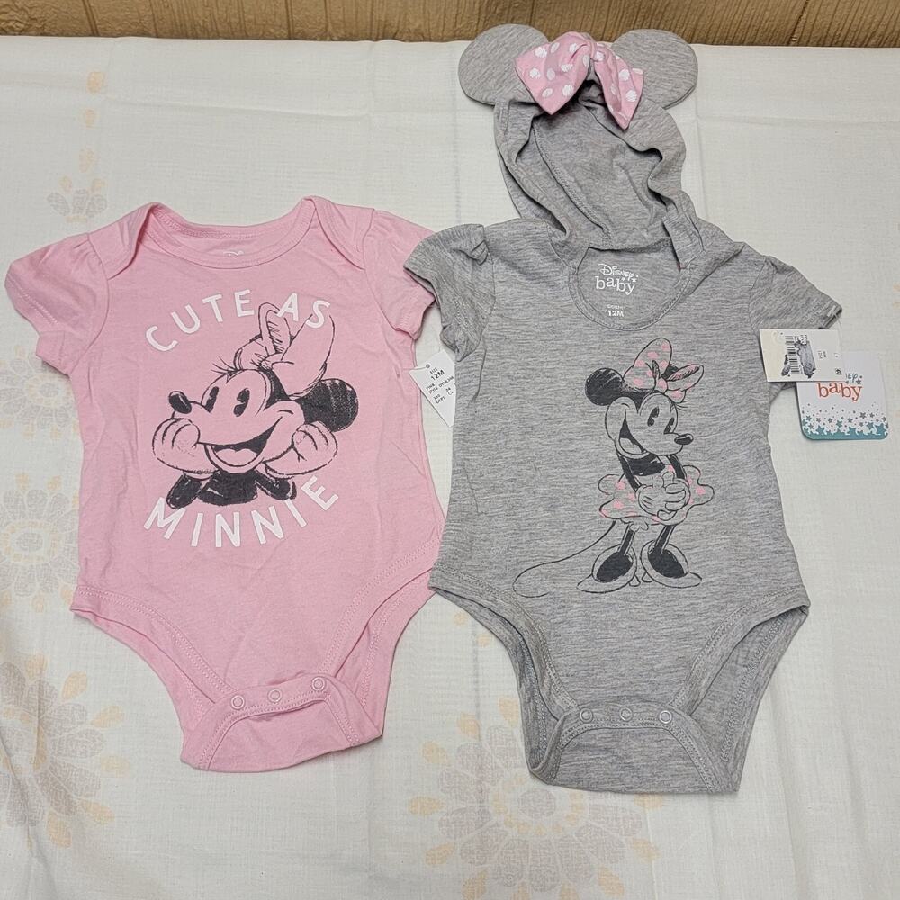 Disney Infant Girls 2pc Minnie Mouse Bodysuits Set sz 12 Months Gray Pink Hooded